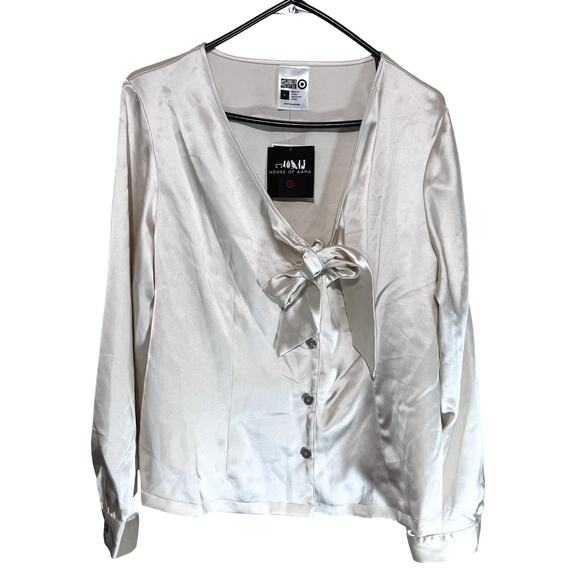 New House of Aama X Target Satin Blouse Shirt Ivory Bow neck sz XL NWT career - Picture 2 of 8